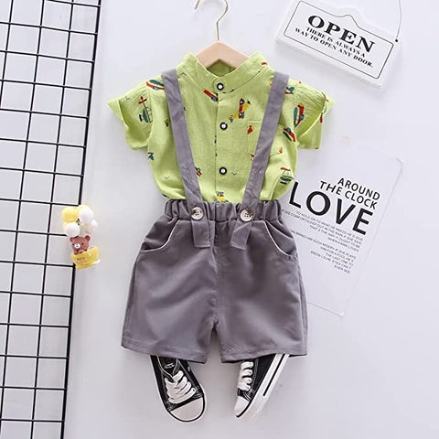 Boy's Aeroplane Printed Kids Half Sleeve PC Shirt and Bib Shorts Dungaree with Suspender