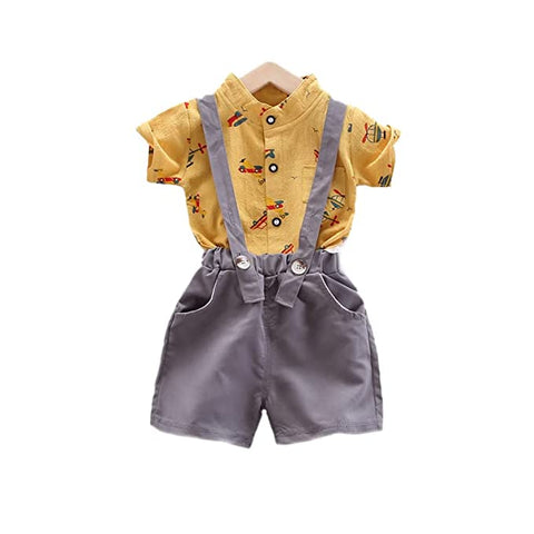 Boy's Aeroplane Printed Kids Half Sleeve PC Shirt and Bib Shorts Dungaree with Suspender