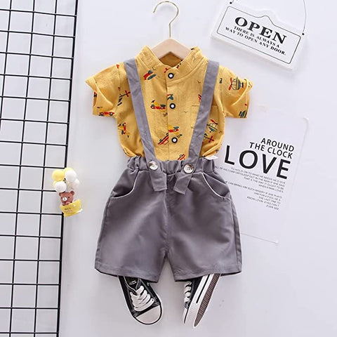 Boy's Aeroplane Printed Kids Half Sleeve PC Shirt and Bib Shorts Dungaree with Suspender
