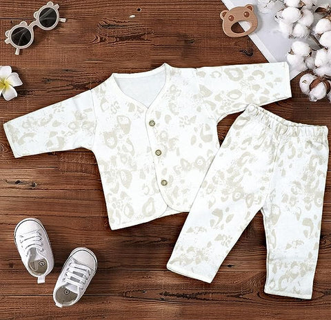 Newborn Pure Cotton Full Sleeve Fleece Lined Front Open Shirt and Pyjama Luxury Thermal Clothing Set for Newborn Infant Baby Boy n Girl