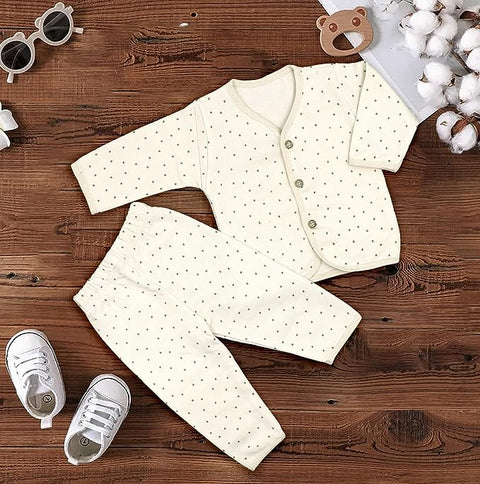 Newborn Pure Cotton Full Sleeve Fleece Lined Front Open Shirt and Pyjama Luxury Thermal Clothing Set for Newborn Infant Baby Boy n Girl