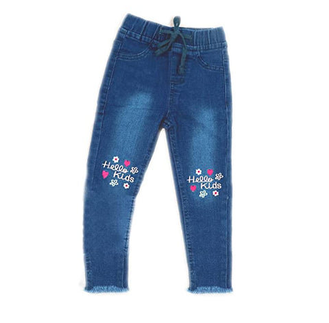 Girl's Blue Embroidered Pull-On Skinny Slim Fit Denim Jeans Pants with Elasticated Waistband for Little Girls