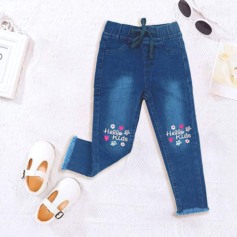 Girl's Blue Embroidered Pull-On Skinny Slim Fit Denim Jeans Pants with Elasticated Waistband for Little Girls