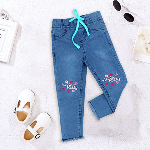 Girl's Blue Embroidered Pull-On Skinny Slim Fit Denim Jeans Pants with Elasticated Waistband for Little Girls