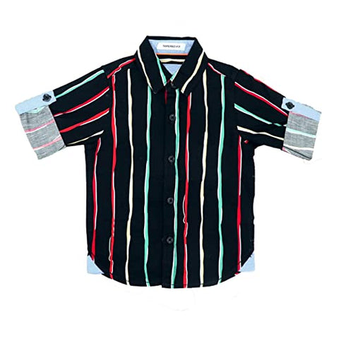 Kid's Striped Roll-Up Sleeve Cotton Partywear Smart Shirt for Infant Toddler and Young Boys