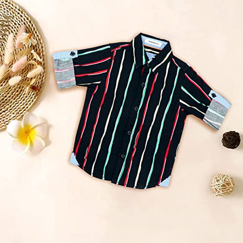 Kid's Striped Roll-Up Sleeve Cotton Partywear Smart Shirt for Infant Toddler and Young Boys