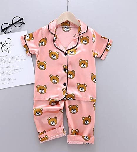 Cute Printed Silky Kid's Half Sleeve Shirt and Pajama Sleepwear Set for Infant and Toddler Boys and Girls