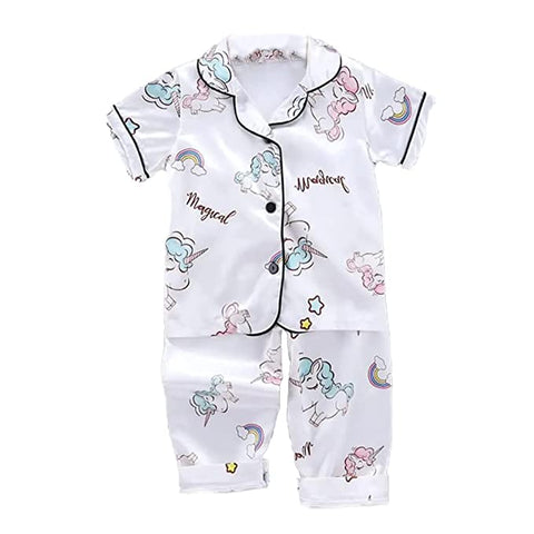 Cute Printed Silky Kid's Half Sleeve Shirt and Pajama Sleepwear Set for Infant and Toddler Boys and Girls