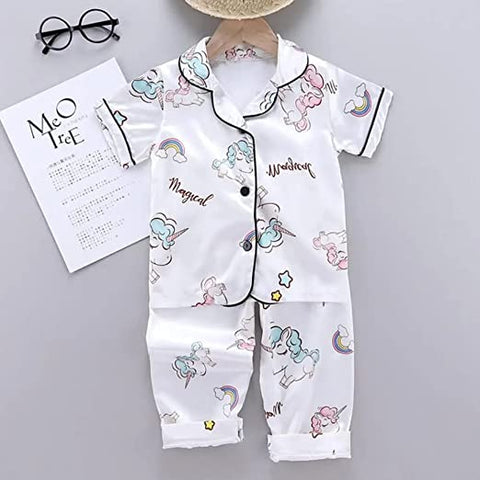 Cute Printed Silky Kid's Half Sleeve Shirt and Pajama Sleepwear Set for Infant and Toddler Boys and Girls