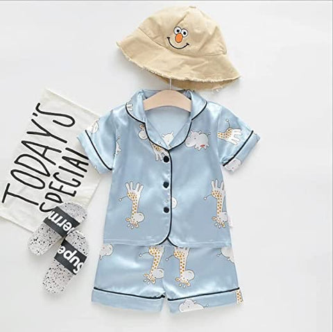 Silky Soft Shiny Kid's Half Sleeve Summer Shirt Shorts Sleepwear Set Night Suit for Infant Toddler Boys n Girls
