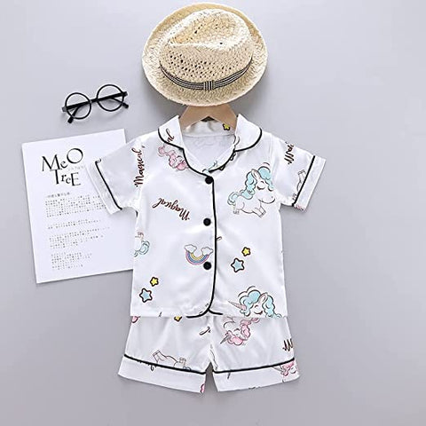 Silky Soft Shiny Kid's Half Sleeve Summer Shirt Shorts Sleepwear Set Night Suit for Infant Toddler Boys n Girls