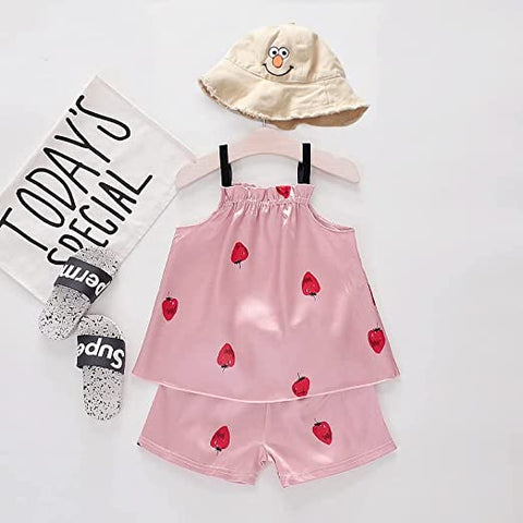Silky Shiny Girl's Shoulder Tie Summer Top and Shorts Sleepwear Set Night Dress for Infant Toddler Baby Girls