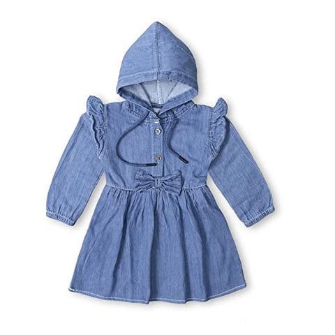 Full Sleeve Denim Dress Frock Tunic with Hoodie Cap for Infant Toddler Girls