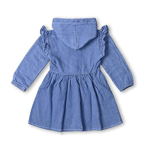 Full Sleeve Denim Dress Frock Tunic with Hoodie Cap for Infant Toddler Girls