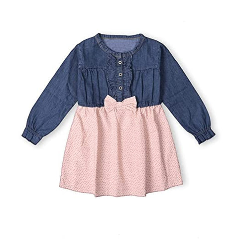 Girl's Full Sleeve Printed Cotton and Denim Dress Frock