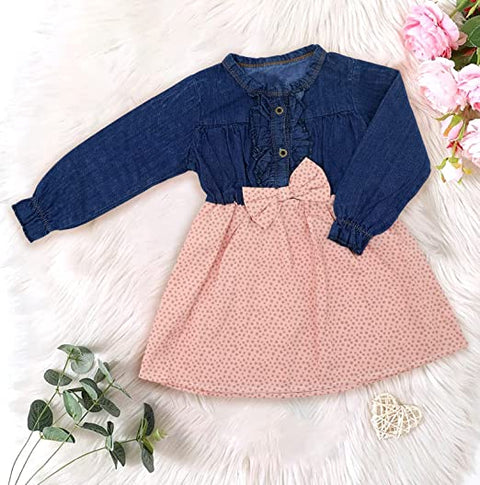 Girl's Full Sleeve Printed Cotton and Denim Dress Frock