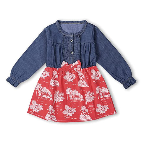 Girl's Full Sleeve Printed Cotton and Denim Dress Frock