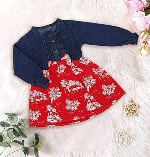 Girl's Full Sleeve Printed Cotton and Denim Dress Frock