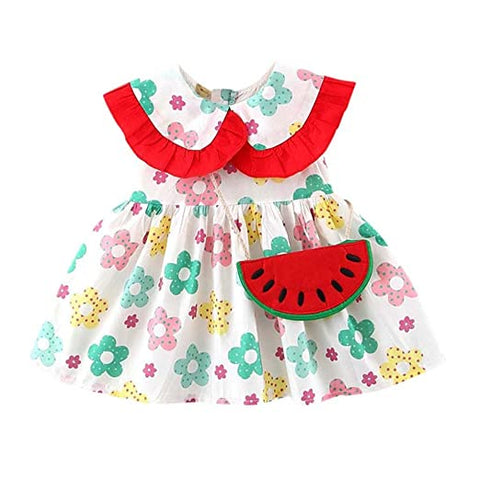 One in Melon Girls Floral Print Party Dress with Faux Purse for Infant Toddler Baby Girls