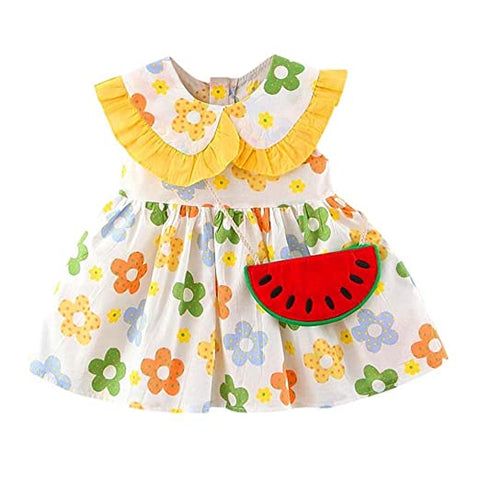 One in Melon Girls Floral Print Party Dress with Faux Purse for Infant Toddler Baby Girls