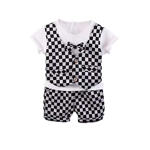 Checkered Waistcoat Attached T-shirt & Shorts Set Affordable Partywear for Lil Boys