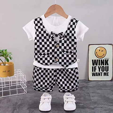 Checkered Waistcoat Attached T-shirt & Shorts Set Affordable Partywear for Lil Boys