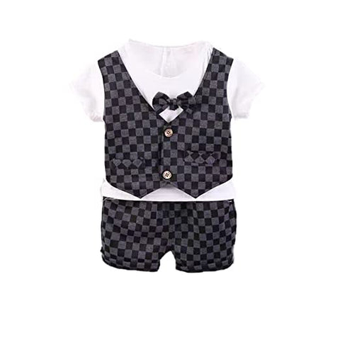 Checkered Waistcoat Attached T-shirt & Shorts Set Affordable Partywear for Lil Boys