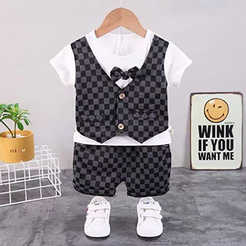 Checkered Waistcoat Attached T-shirt & Shorts Set Affordable Partywear for Lil Boys
