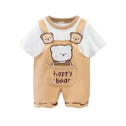 Kid's Happy Bear Cartoon Print Half Length T-Shirt with Dungaree Bibshorts for Infant Toddler Baby Boy Girl
