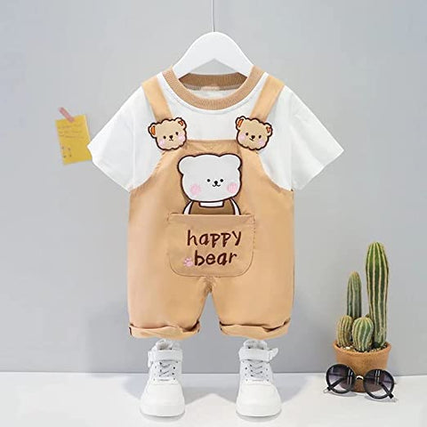Kid's Happy Bear Cartoon Print Half Length T-Shirt with Dungaree Bibshorts for Infant Toddler Baby Boy Girl