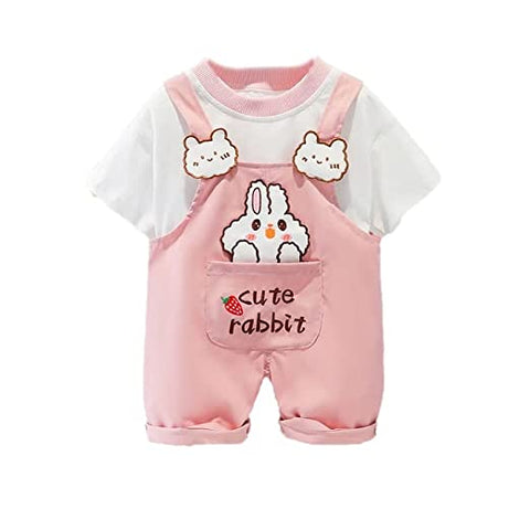 Kid's Happy Bear Cartoon Print Half Length T-Shirt with Dungaree Bibshorts for Infant Toddler Baby Boy Girl