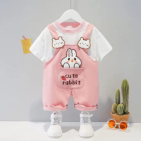 Kid's Happy Bear Cartoon Print Half Length T-Shirt with Dungaree Bibshorts for Infant Toddler Baby Boy Girl