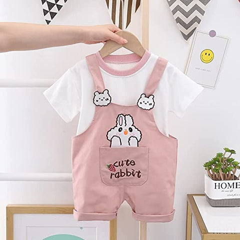 Kid's Happy Bear Cartoon Print Half Length T-Shirt with Dungaree Bibshorts for Infant Toddler Baby Boy Girl
