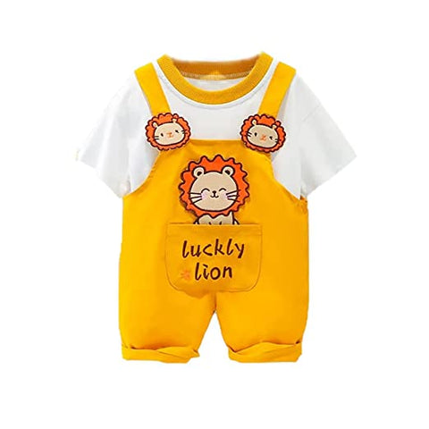 Kid's Happy Bear Cartoon Print Half Length T-Shirt with Dungaree Bibshorts for Infant Toddler Baby Boy Girl