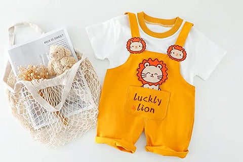 Kid's Happy Bear Cartoon Print Half Length T-Shirt with Dungaree Bibshorts for Infant Toddler Baby Boy Girl