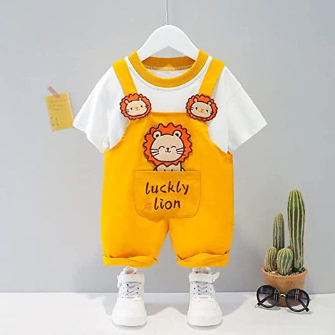 Kid's Happy Bear Cartoon Print Half Length T-Shirt with Dungaree Bibshorts for Infant Toddler Baby Boy Girl