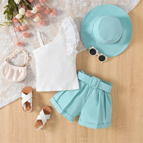 Girls Uptown One Shoulder Top and Shorts with Belt and Hat Trendy 4 Piece Coords Set