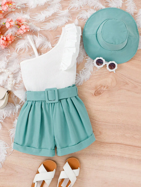 Girls Uptown One Shoulder Top and Shorts with Belt and Hat Trendy 4 Piece Coords Set