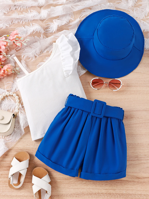 Girls Uptown One Shoulder Top and Shorts with Belt and Hat Trendy 4 Piece Coords Set
