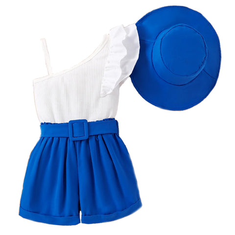 Girls Uptown One Shoulder Top and Shorts with Belt and Hat Trendy 4 Piece Coords Set