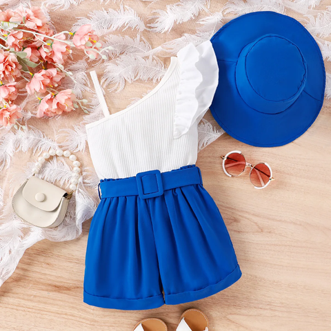 Girls Uptown One Shoulder Top and Shorts with Belt and Hat Trendy 4 Piece Coords Set