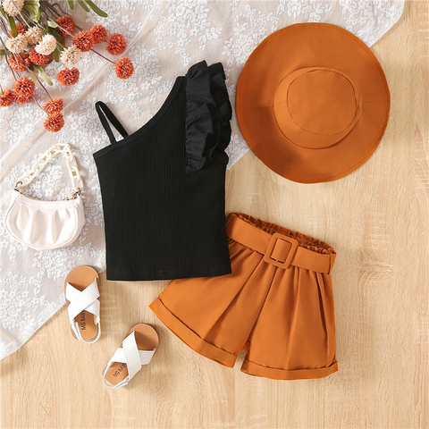 Girls Uptown One Shoulder Top and Shorts with Belt and Hat Trendy 4 Piece Coords Set