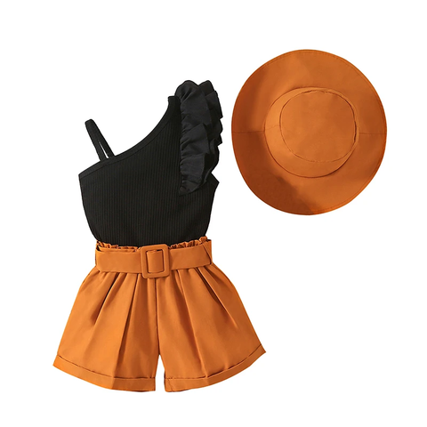 Girls Uptown One Shoulder Top and Shorts with Belt and Hat Trendy 4 Piece Coords Set