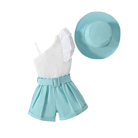 Girls Uptown One Shoulder Top and Shorts with Belt and Hat Trendy 4 Piece Coords Set