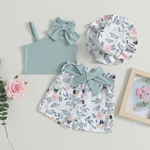Girls Cotton Sleeveless Top and Floral Shorts with Matching Belt and Hat 4 Piece Trendy Co-ords Set