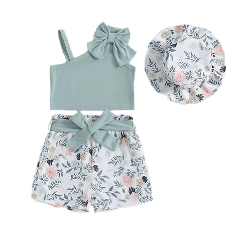 Girls Cotton Sleeveless Top and Floral Shorts with Matching Belt and Hat 4 Piece Trendy Co-ords Set