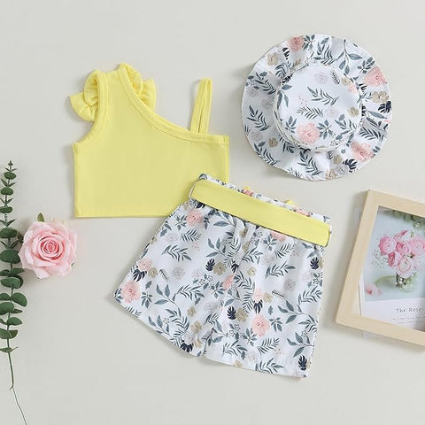 Girls Cotton Sleeveless Top and Floral Shorts with Matching Belt and Hat 4 Piece Trendy Co-ords Set