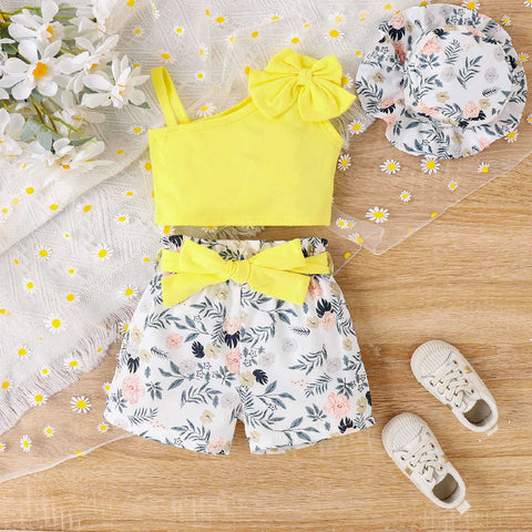 Girls Cotton Sleeveless Top and Floral Shorts with Matching Belt and Hat 4 Piece Trendy Co-ords Set