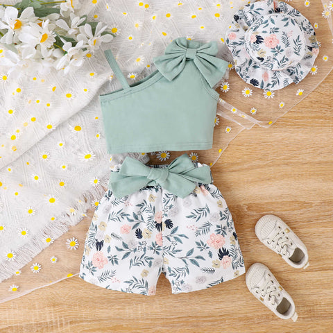 Girls Cotton Sleeveless Top and Floral Shorts with Matching Belt and Hat 4 Piece Trendy Co-ords Set