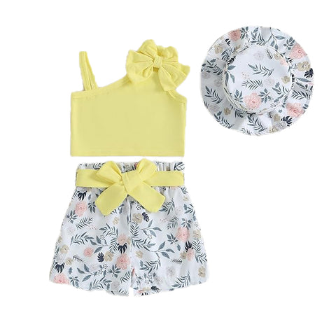 Girls Cotton Sleeveless Top and Floral Shorts with Matching Belt and Hat 4 Piece Trendy Co-ords Set